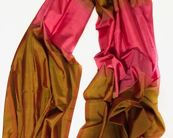 100% Silk-Hand Woven Raw Silk Scarf/Shawl ONE OF A KIND (Shot effect)- Green, Gold- Scarf/ Shawl (84 x 44 Inches)