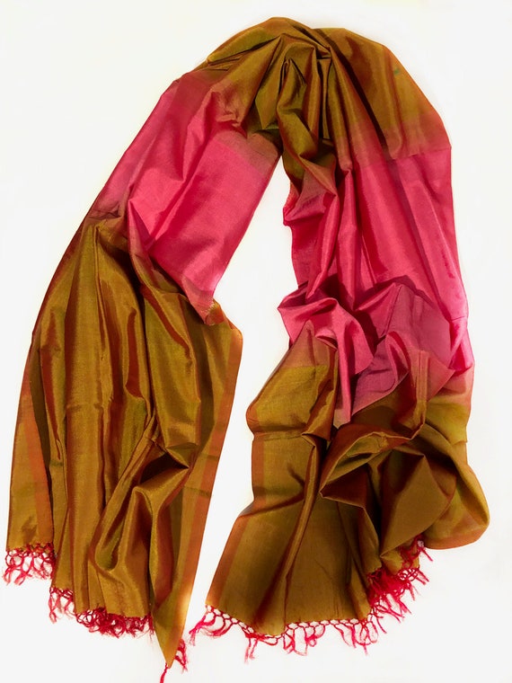 100% Silk-Hand Woven Raw Silk Scarf/Shawl ONE OF A KIND (Shot effect)-  Green, Gold- Scarf/ Shawl (84 x 44 Inches)