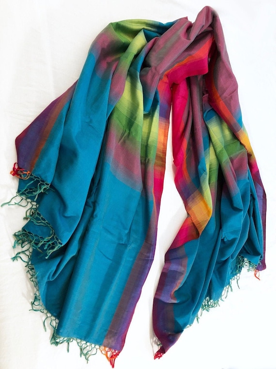 100% Silk- Hand Woven Raw Silk Scarf/Shawl ONE OF A KIND (Shot effect)-  Blue, Pink, Red Multicolor- Scarf/ Shawl (84 x 44 Inches)