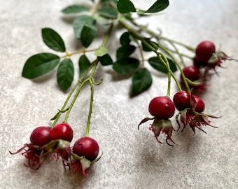 Rosehip Spray Dark Red Artificial Rose Hip Berry Branch Realistic Faux Stems For Natural Vase Arrangement