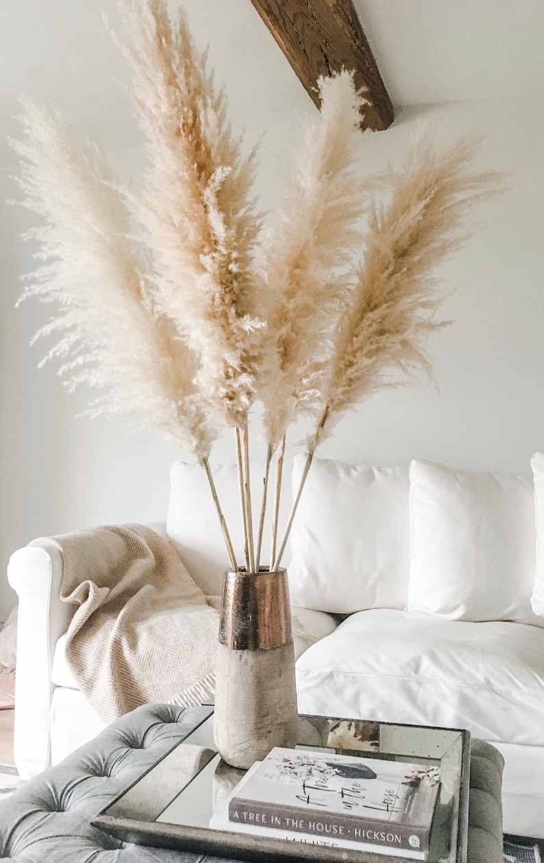 K&ouml;nnte beinhalten: Ein Strau&szlig; getrockneter Pampasgr&auml;ser in einer kupferfarbenen und braunen Vase auf einem wei&szlig;en Sofa mit einer Wolldecke. Die Vase steht auf einem Couchtisch mit einem Buch mit dem Titel "A Tree in the House" von Hickson.