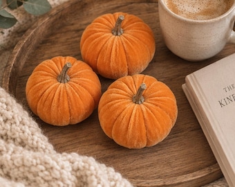 Orange Velvet Faux Pumpkins Set of 3 Fall Seasonal Decor Halloween & Autumn Table Centerpiece Fabric Mini Pumpkins for Autumn Decor