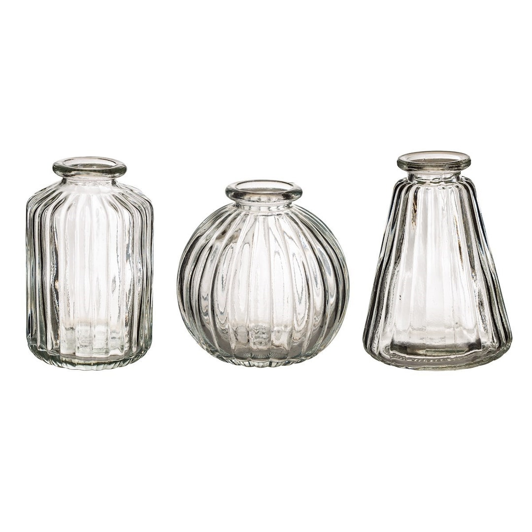 Set of 3 Mini Glass Bud Vases Various Ribbed Designs Dried Etsy UK