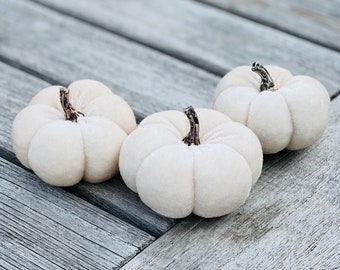 White Velvet Faux Pumpkins  Set Of 3  Fabric Mini Pumpkin  Fall Seasonal Decoration  Halloween Decorations  Autumn Table Decor Styling