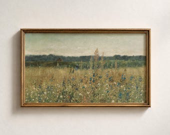 Vintage Floral Field Landscape Samsung Frame TV Art Country Wildflower Meadow Painting Moody Spring & Summer TV Wall Art Digital Download