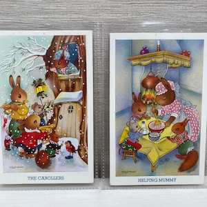 Lapins aidant maman et les Carollers - Willy Schermele - Cartes postales aquarelle saumon x 2