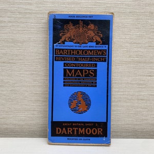 Vintage Bartholomews Map - Dartmoor - 1,5 cm großes konturiertes Blatt 2 - Mid Century auf Stoff montiert
