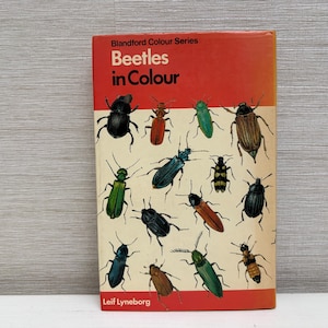 May include: A vintage book titled "Beetles in Colour" by Leif Lyneborg. The cover features a red and cream background with illustrations of various colorful beetles. The book is a part of the Blandford Colour Series.