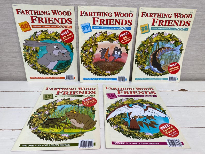 May include: A set of five colorful children's books featuring the Farthing Wood Friends. Each book has a different cover featuring a different animal from the series. The books are all part of the "Nature Fun and Learn Series".