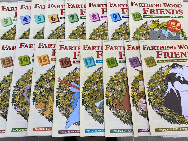 May include: A collection of 20 colorful comic books featuring the Farthing Wood Friends. The books are numbered 1 through 20 and have a nature theme. The cover of the last book features a badger with the text "Farthing Wood Friends" and "Nature Fun and Learn".