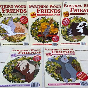 May include: Five colorful magazine covers featuring illustrations of animals from the Farthing Wood children's book series. The covers are numbered 42, 43, 44, 45, and 46. Each cover features a different animal, including a badger, a horse, a mole, a mouse, and a crane. The covers are all in a nature-themed design with green leaves and flowers.