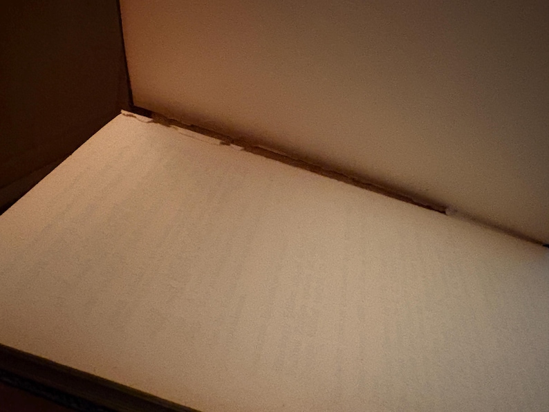 May include: An open book with off-white pages and a light brown cover. The pages are slightly textured, and the binding is visible along the spine. The lighting is soft, creating subtle shadows.