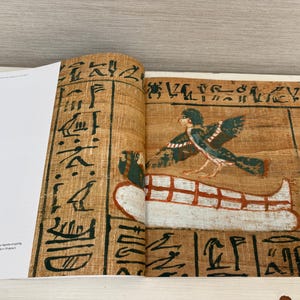 May include: Open book with a detailed illustration of ancient Egyptian art. The artwork features hieroglyphs, a bird with blue and green wings, and a sarcophagus. The page has a tan background with black text.