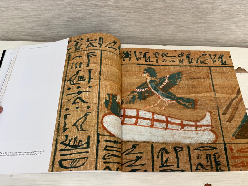 May include: Open book with a detailed illustration of ancient Egyptian art. The artwork features hieroglyphs, a bird with blue and green wings, and a sarcophagus. The page has a tan background with black text.