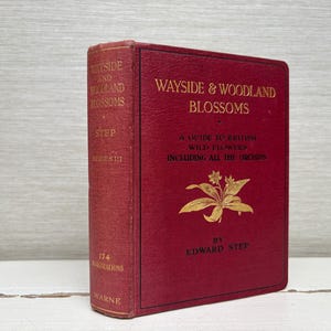 Könnte beinhalten: Ein rotes Buch mit dem Titel "Wayside & Woodland Blossoms" mit goldener Schrift. Es ist ein Leitfaden für britische Wildblumen, einschließlich Orchideen. Der Buchrücken trägt die Aufschrift "Step Series III".