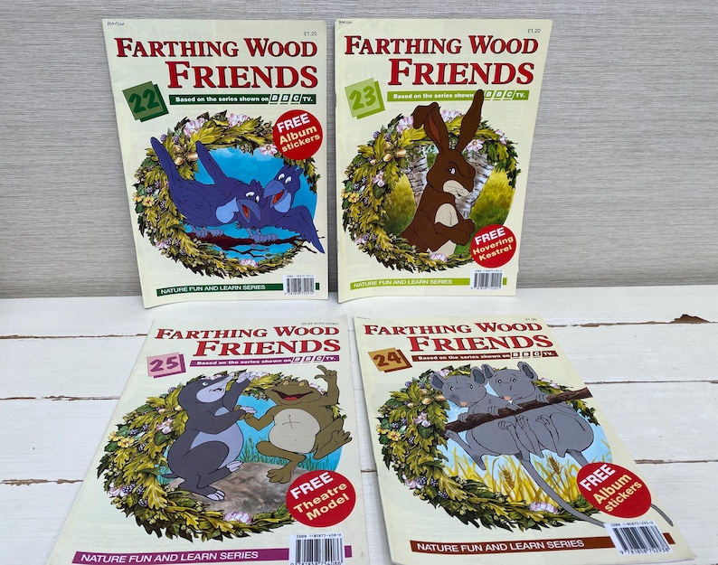 May include: Four colorful children's books featuring illustrations of animals from the Farthing Wood series. The books are titled "Farthing Wood Friends" and each book has a different number on the cover. The books are all part of a "Nature Fun and Learn Series".