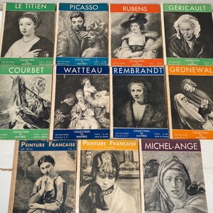 May include: A collection of vintage book covers featuring famous artists such as Le Titien, Picasso, Rubens, Géricault, Courbet, Watteau, Rembrandt, Grünewald, and Michel-Ange. The covers are in various colours and feature portraits of the artists.