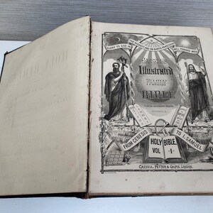 May include: A black and white illustrated family bible with the text "Cassell's Illustrated Family Bible" and "From Genesis to I. Samuel, Holy Bible, Vol. 1" on the cover.