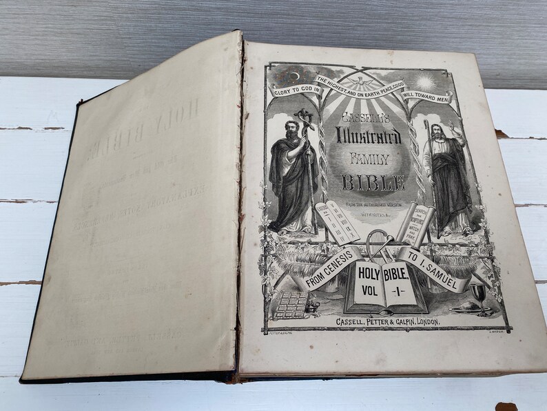 May include: A black and white illustrated family bible with the text "Cassell's Illustrated Family Bible" and "From Genesis to I. Samuel, Holy Bible, Vol. 1" on the cover.