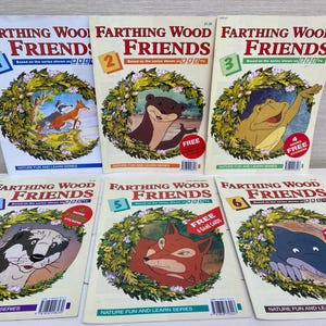 May include: Six colorful children's books with the title "Farthing Wood Friends" and numbers 1 through 6. Each book features a different animal from the Farthing Wood series, including a badger, a fox, a frog, a weasel, a squirrel, and a hedgehog. The books are part of a nature fun and learn series.