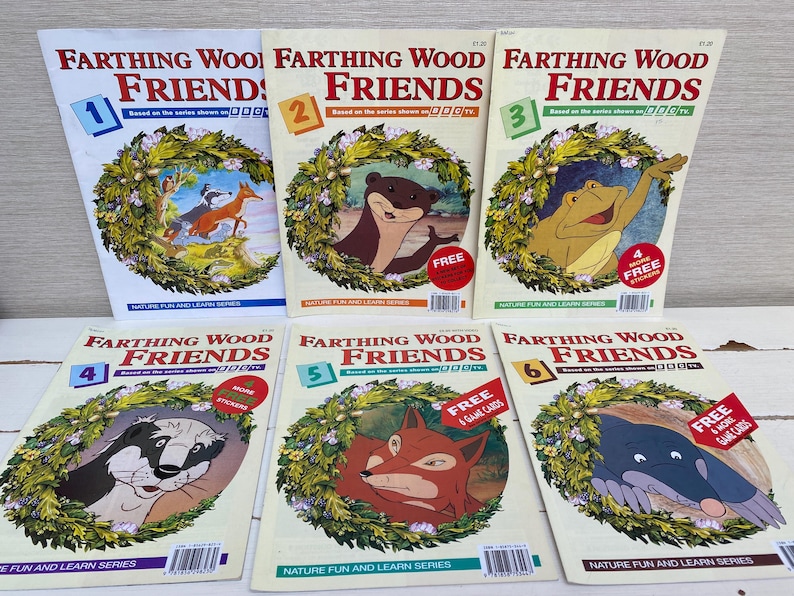 May include: Six colorful children's books with the title "Farthing Wood Friends" and numbers 1 through 6. Each book features a different animal from the Farthing Wood series, including a badger, a fox, a frog, a weasel, a squirrel, and a hedgehog. The books are part of a nature fun and learn series.