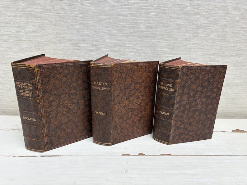 May include: Three antique books with brown leather covers are displayed. The titles include "Child's History of England," "Martin Chuzzlewit," and "Life and Characters," all by Dickens. The books have gold lettering and aged pages.