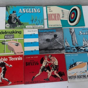 May include: A collection of vintage paperback books with colourful covers featuring illustrations of various sports and activities, including archery, sailing, swimming, boxing, and table tennis. The books are titled "Know the Game" and feature the names of the sports organisations.
