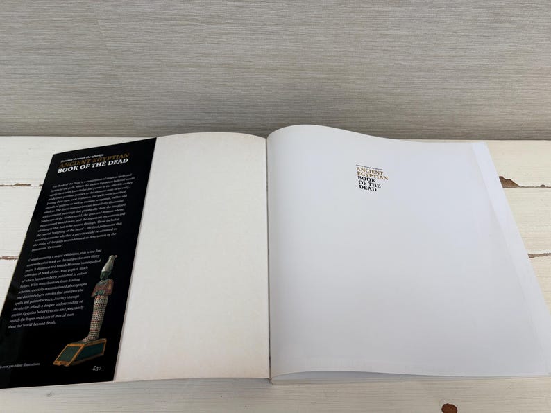 May include: An open book titled "Ancient Egyptian Book of the Dead." The left page displays a black cover with text and an illustration of an Egyptian statue. The right page is blank with the title printed at the top.