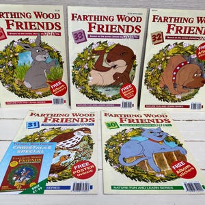 May include: A collection of six colorful children's books featuring the characters from the Farthing Wood TV series. The books are titled "Farthing Wood Friends" and feature different animals from the series, including a rabbit, otter, dog, and cat. The books are all in the same style, with a bright, colorful cover and a nature-themed design.