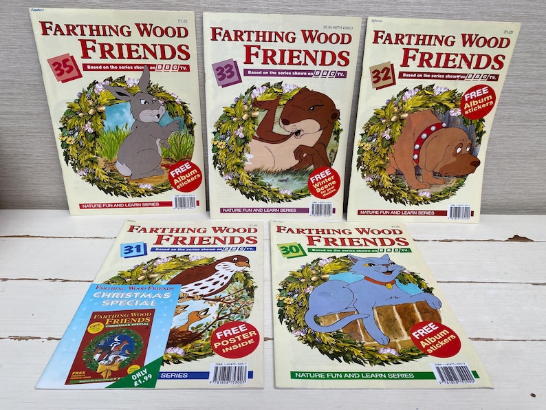 May include: A collection of six colorful children's books featuring the characters from the Farthing Wood TV series. The books are titled "Farthing Wood Friends" and feature different animals from the series, including a rabbit, otter, dog, and cat. The books are all in the same style, with a bright, colorful cover and a nature-themed design.