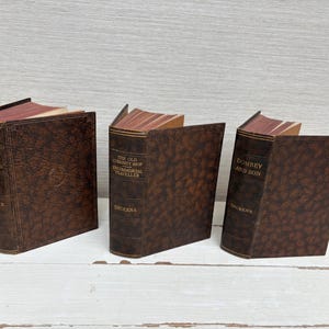 May include: Three brown decorative book-shaped boxes with titles like "Sketches by Boz" and "Dombey and Son" by Dickens. The boxes have a textured leather-like appearance and red-toned pages. The books are arranged on a white surface.
