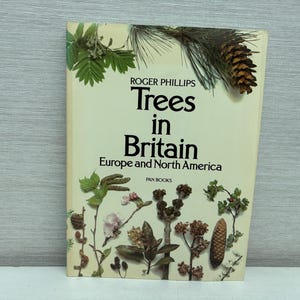 May include: A book titled "Trees in Britain" by Roger Phillips, with illustrations of various tree elements. The cover is cream-coloured with the title in large black letters. Decorative sprigs and a pine cone adorn the cover.