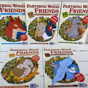 May include: A set of six colorful children's books featuring characters from the Farthing Wood series. Each book has a different animal on the cover and includes a free gift, such as stickers or a poster.