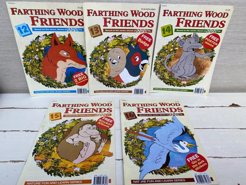 May include: A set of six colorful children's books featuring characters from the Farthing Wood series. Each book has a different animal on the cover and includes a free gift, such as stickers or a poster.