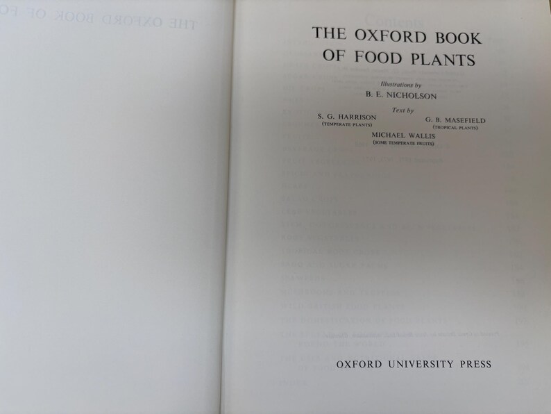May include: Open book titled "THE OXFORD BOOK OF FOOD PLANTS" with text by B.E. Nicholson, S.G. Harrison, G.B. Masefield, and Michael Wallis. Published by OXFORD UNIVERSITY PRESS. The book is open to a double-page spread.