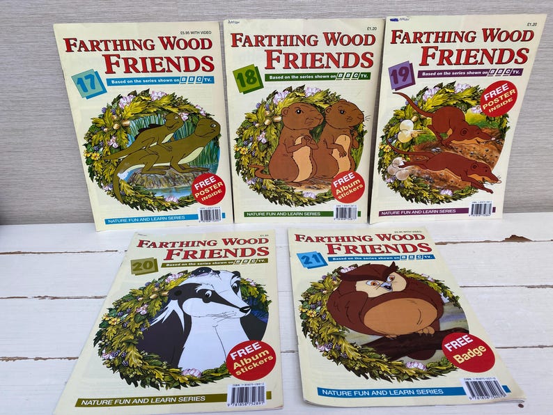May include: A set of five Farthing Wood Friends children's books based on the BBC TV series. The books feature colorful illustrations of animals from the show, including a badger, an owl, a squirrel, and a fox. Each book has a different number, from 17 to 21, and includes a free poster or album stickers.