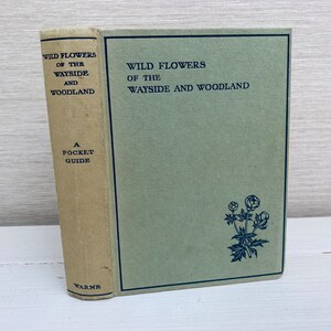 Op de afbeelding: Een vintage groen boek getiteld "Wild Flowers of the Wayside and Woodland" met een label voor een zakgids en een zwart-witte illustratie van een bloem op de omslag.