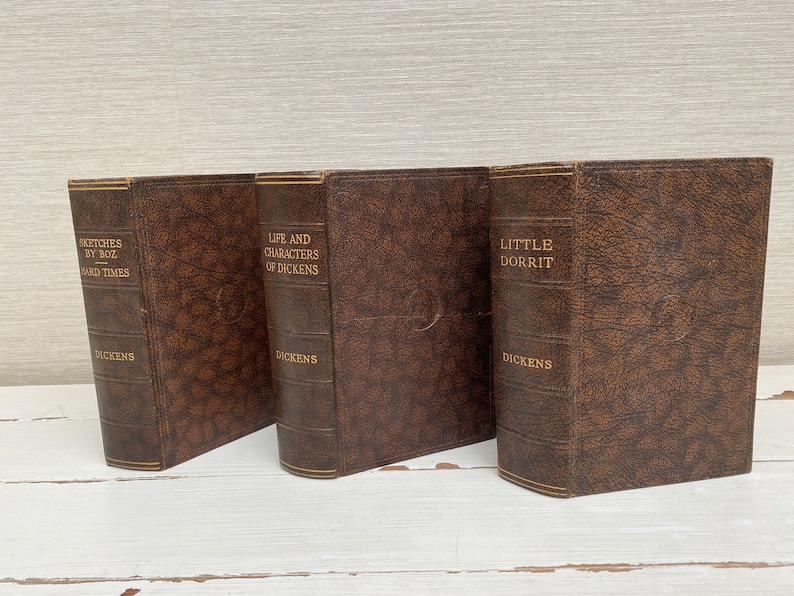 May include: A collection of vintage books with brown leather covers. The titles "Sketches by Boz", "Hard Times", "Life and Characters of Dickens", and "Little Dorrit" are visible in gold lettering. The author's name, Dickens, is also displayed.