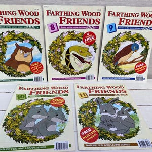 May include: A set of five colorful children's books featuring the characters from the Farthing Wood series. The books are numbered 7 through 11 and each features a different animal from the show. The books are all in the same style with a green background and a white border.