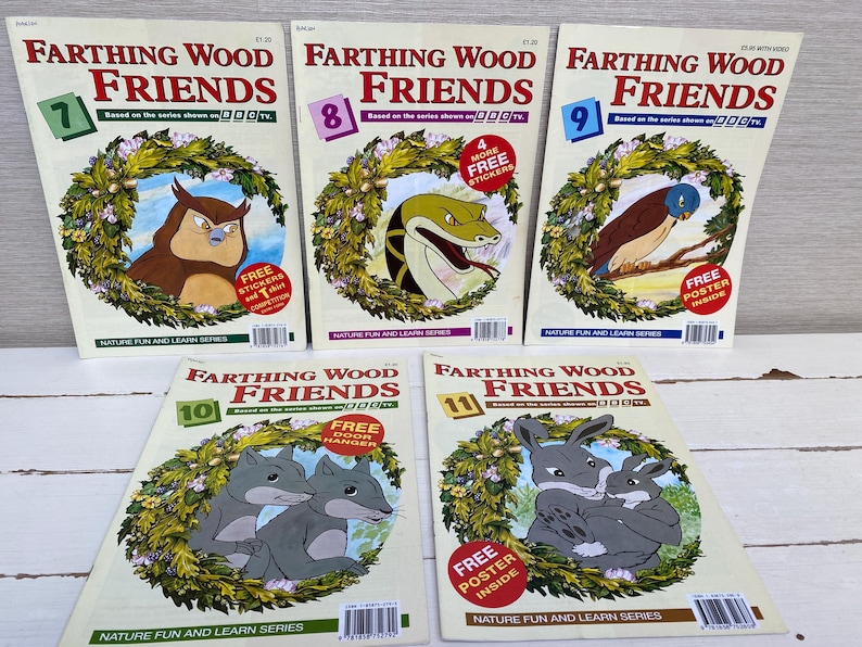 May include: A set of five colorful children's books featuring the characters from the Farthing Wood series. The books are numbered 7 through 11 and each features a different animal from the show. The books are all in the same style with a green background and a white border.