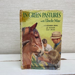 Könnte beinhalten: Ein altes Ladybird-Buch mit dem Titel "In Green Pastures with Uncle Mac". Das Cover zeigt ein braunes Pferd und ein Fohlen, im Hintergrund ein Mann und zwei Kinder. Das Buch ist ein Ladybird Book of Animals and Birds.