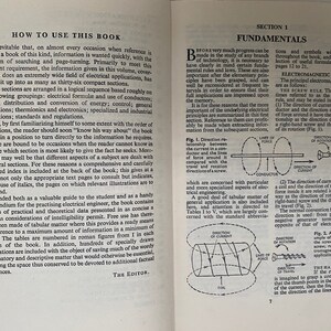 May include: A black and white image of a book page with the title "How to Use This Book" and a section titled "Fundamentals". The page explains the importance of understanding basic electrical principles and provides a visual representation of the relationship between current, magnetic force, and the direction of a screw.