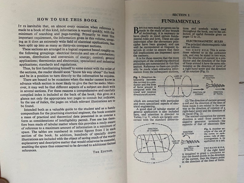 May include: A black and white image of a book page with the title "How to Use This Book" and a section titled "Fundamentals". The page explains the importance of understanding basic electrical principles and provides a visual representation of the relationship between current, magnetic force, and the direction of a screw.