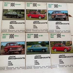 Puede incluir: Seis tarjetas de cuidado de automóviles vintage que presentan diferentes modelos de automóviles, cada una con el texto "Jack Brabham's Car Care Cards" y el nombre del modelo de automóvil. Las tarjetas están en asociación con Douglas Armstrong, Alan Brinton, Geoffrey Howard y Tony Kemp.