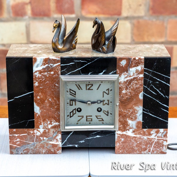 Art Deco Marble Mantel Clock French 1930s Bronze Swans Mantel Clock Mantle Clock France Chiming Clock Antique Clock Vintage Clock