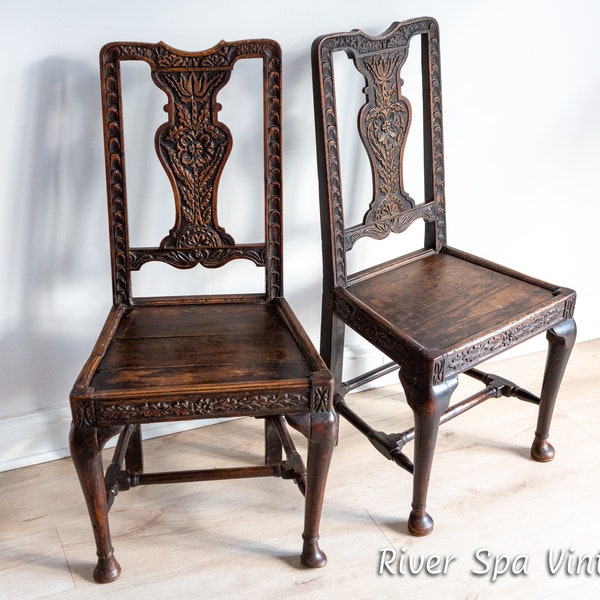Restored Rare Pair of 1600s Carolean Carved Oak Chairs, Decorative Antique Country Chairs, Primitive Carolean Baronial Antique Hall Chairs