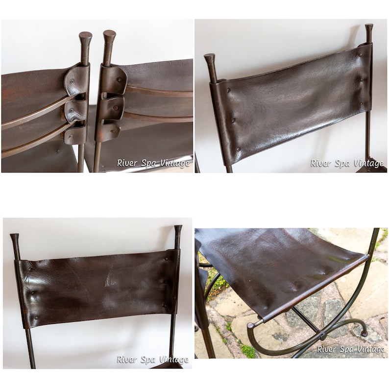 May include: Two brown leather chairs with metal frames. The chairs have a simple design with a single back panel and a curved seat. The chairs are made of dark brown leather and have a rustic look.