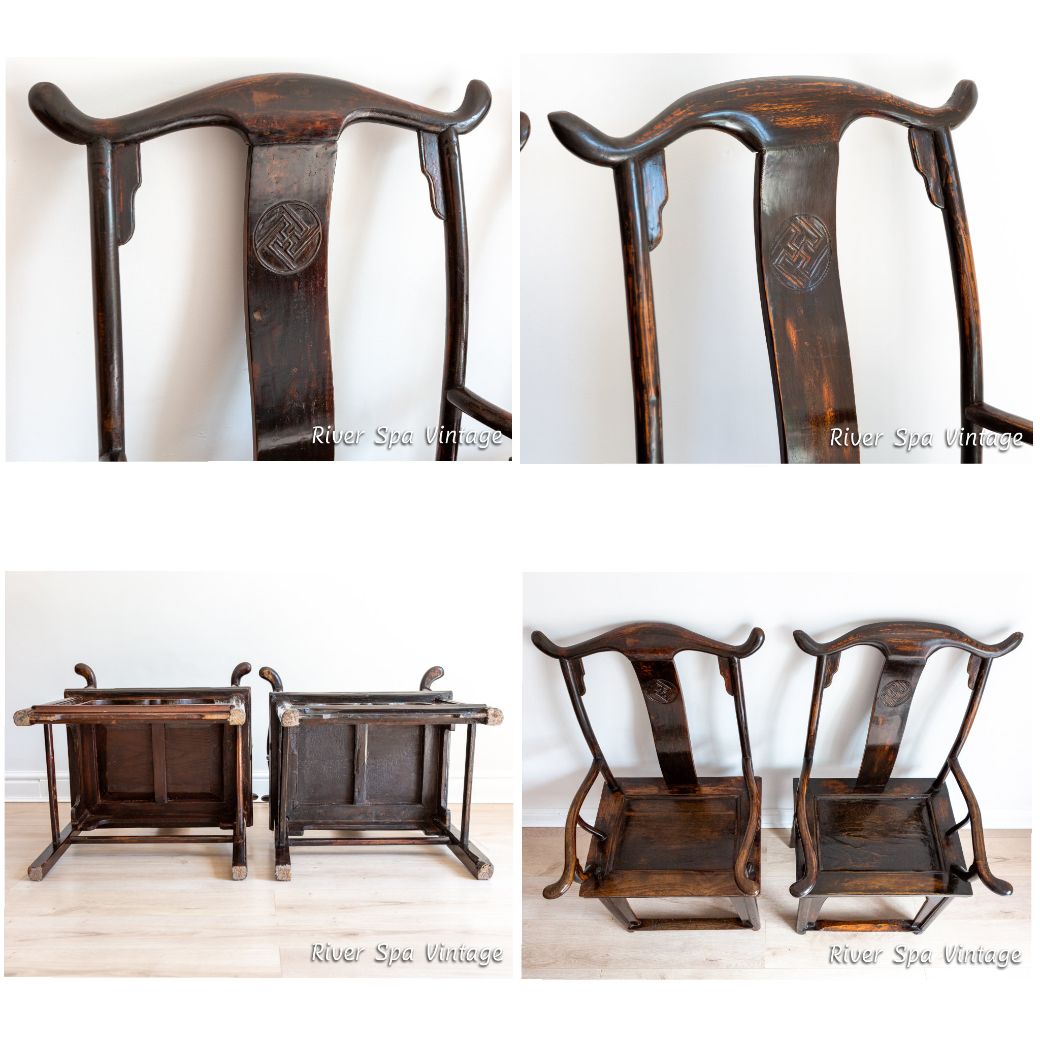 19 世紀の美しい中国製アームチェア 2 脚セット 漆塗りの公式帽子