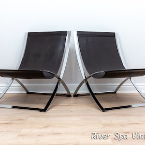 Pair of Luxury Designer Italian Leather Chrome Lounge Chairs after Marcello Cuneo Black Leather Chrome Safari Chair Bauhaus Modernist Chair