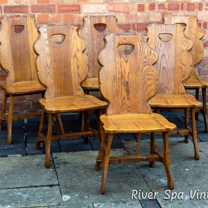 Brutalist Oak Dining Chairs MCM Belgian 1960s Set Of 6 Mid Century Sculptural Tiger Oak Rustic Lodge Dining Chairs Solid Wood European Dutch